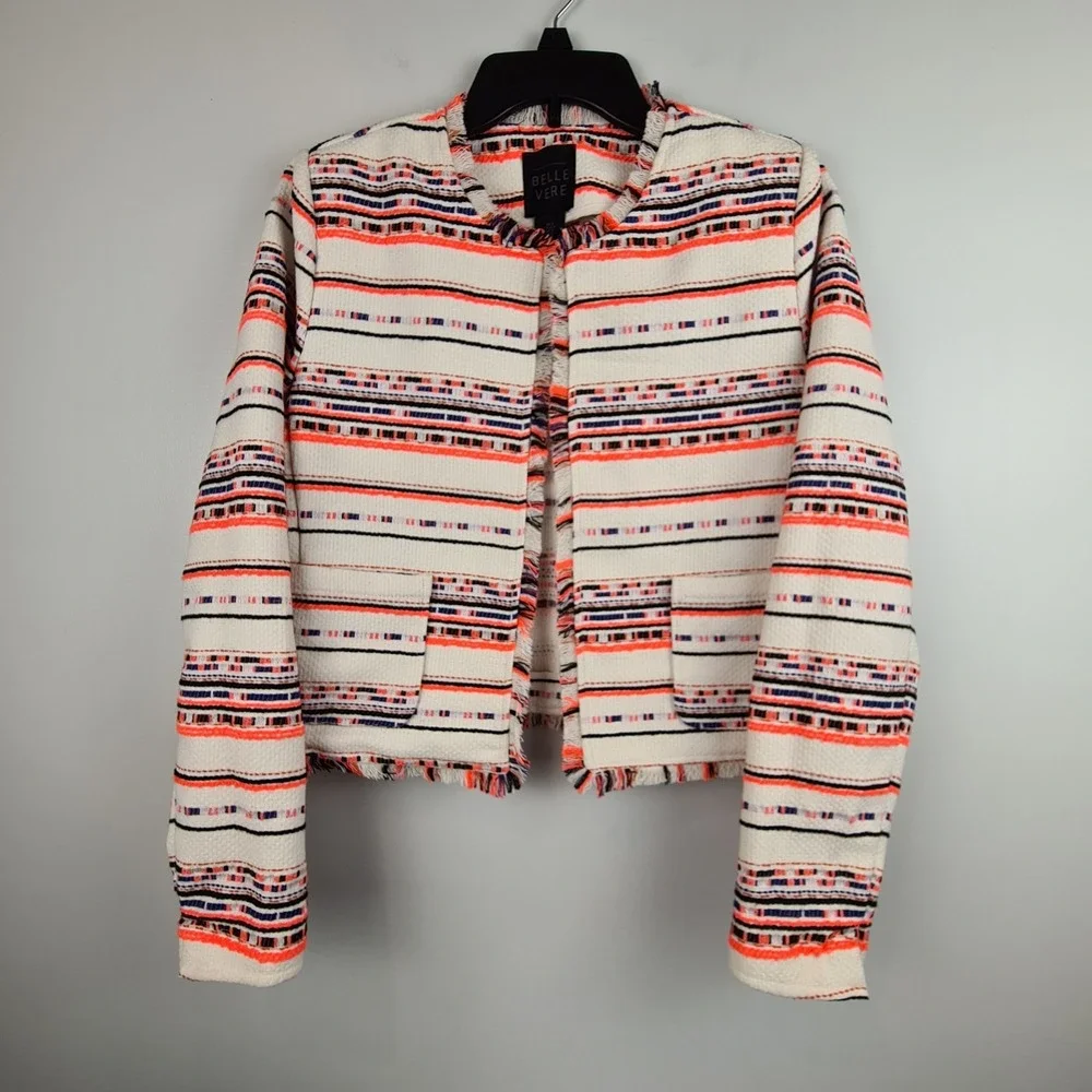 Belle Vere Womens Western Raw Fringe Hem‎ Tweed Blazer Small Neon Anthropologie